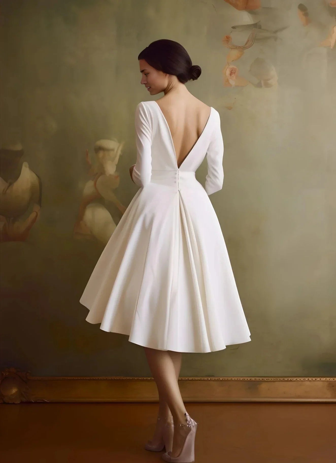 A-Line V-neck Vintage Sleeved Satin Tea Length Wedding Dress